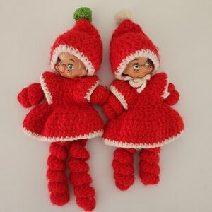 Pair of Vintage 60's Crocheted Freckle Faced Christmas Dolls Decor Handmade